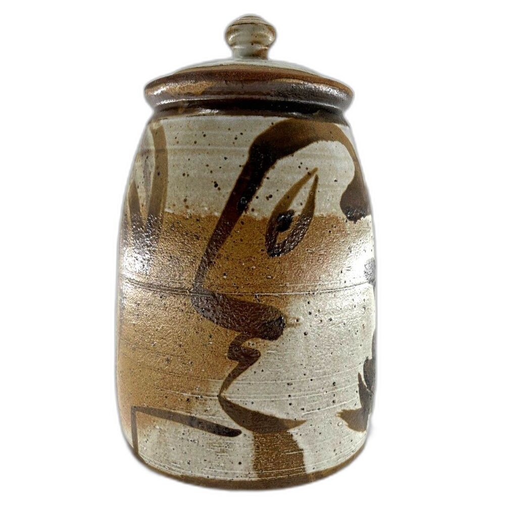 Lg Glazed Pottery Lidded Jar Brown Tones Painted Design Human Profile Bird, Tree